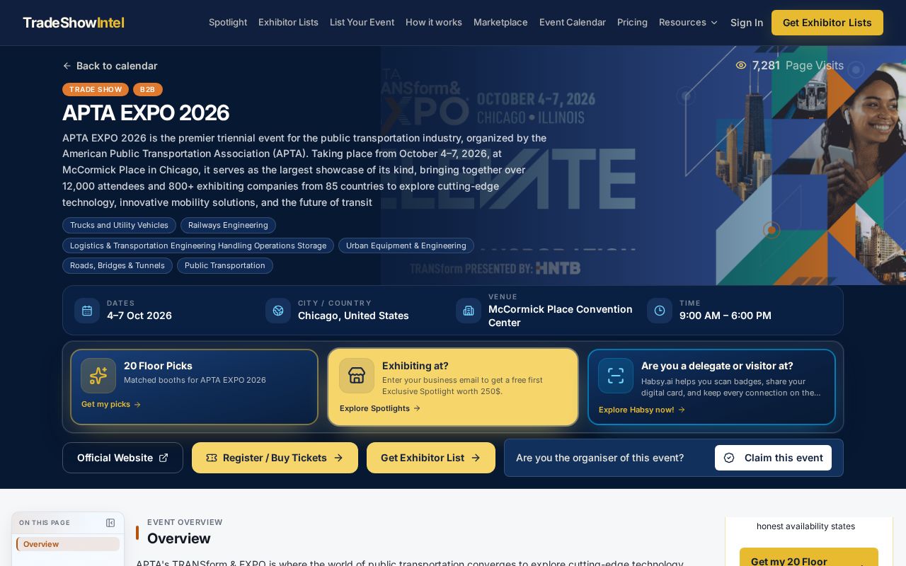 An APTA EXPO event listing page on TradeShowIntel